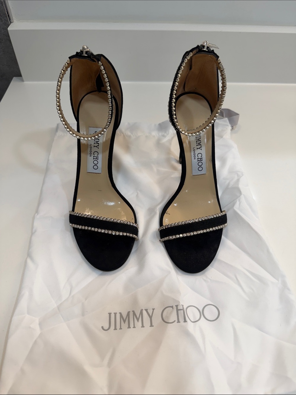 Jimmy Choo Black Crystal-Ankle Strap Heels